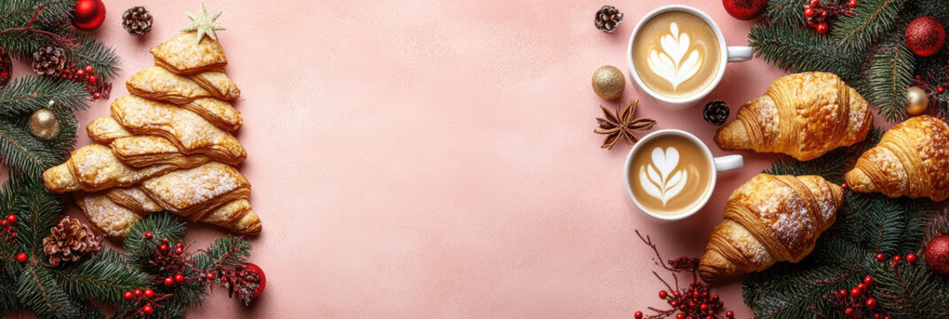 Croissant Christmas tree dusted with powdered sugar, accompanied by coffee cups, creating festive breakfast scene against dark backdrop. Banner, copy space