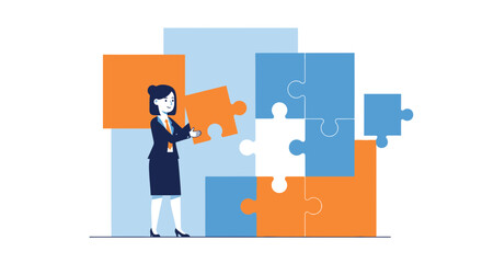 Businesswoman Assembling A Jigsaw Puzzle, Demonstrating Problem Solving and Teamwork