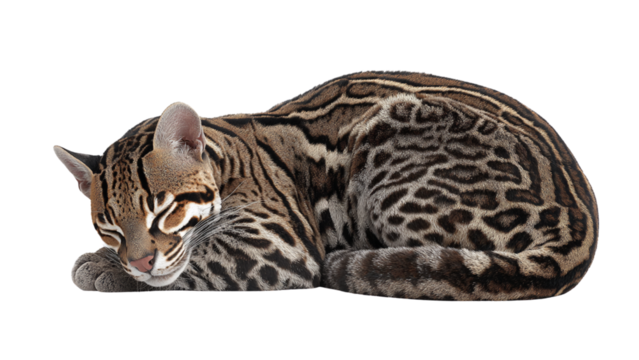 Beautiful ocelot cat with distinctive spotted fur curled up peacefully against a dark background