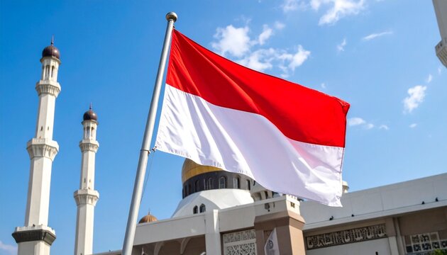 Indonesian flag in foreground with mosque and minarets in background under bright blue sky with clouds. - Powered by Adobe