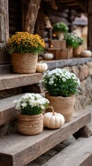 Fototapeta premium Vibrant fall flowers and pumpkins adorn the porch, creating a warm and inviting atmosphere as autumn arrives, showcasing seasonal beauty