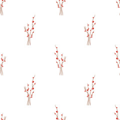 Seamless Christmas pattern with watercolor berry branches and twigs on transparent background. Ideal for holiday wrapping paper, textiles, fabric, invitations, greeting cards, festive winter designs