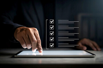 Hand touching tablet screen with checklist and checkboxes