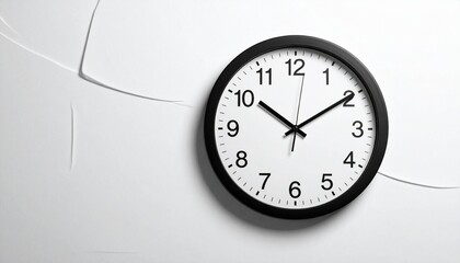 Black-framed wall clock on white face, mounted on patterned white wall.