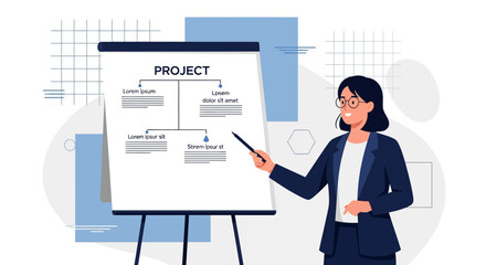 Fototapeta premium Businesswoman Presenting Project Diagram on Whiteboard in a Modern Flat Style