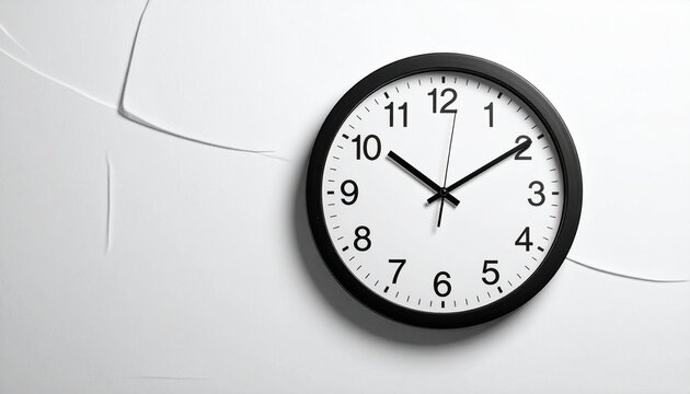 Black-framed wall clock on white face, mounted on patterned white wall.