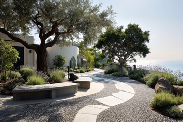 Fototapeta premium A serene pathway winds its way through a peaceful garden by the sea, adorned with distinctive stone designs and surrounded by vibrant greenery. It basks under the bright, clear sky at midday.