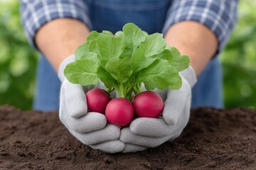 Gardener holding freshly harvested radishes with vibrant green leaves, showcasing the connection between nature and agriculture in a rich, fertile soil environment
