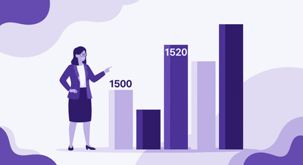 Obraz premium Businesswoman Explaining Data Visualization Using Column Charts, Illustrating Growth