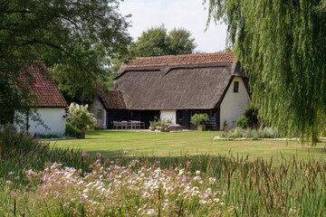 Obraz premium Discover a delightful traditional cottage with a thatched roof, nestled amidst vibrant flowers and lush greenery in a peaceful rural landscape