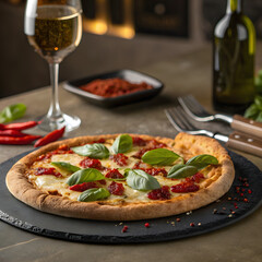 Gourmet Neapolitan Pizza with Fresh Basil, Sun-Dried Tomatoes, and Melted Mozzarella Paired with White Wine Candlelit Dinner Artisan Margherita Pizza on Slate Platter with Wine Glass and Italian