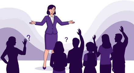 Businesswoman Giving a Presentation with Audience Asking Questions in Illustration Style