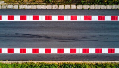 Overhead view of two adjacent lanes with solid and dashed white lines, bordered by red-white striped barriers and tire marks.