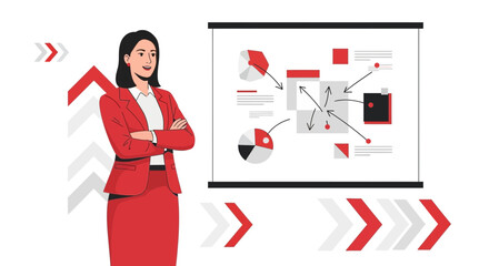 Businesswoman Giving Presentation on a Data Analysis Chart Displaying Key Information