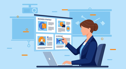 Fototapeta premium Businesswoman giving presentation on business strategy using laptop and screen in office