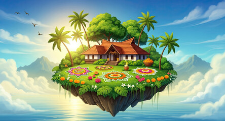 Vibrant tropical island paradise home with floral designs and palm trees