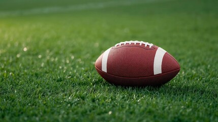 Fototapeta premium Lone football left on wet grass after the game