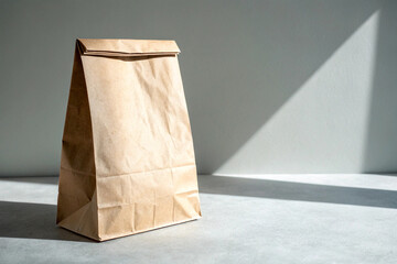 Light brown paper bag on grey surface with diagonal shadow