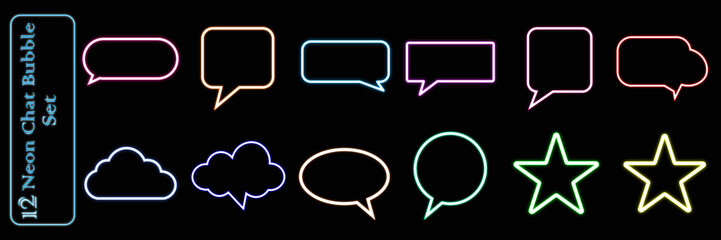 Neon chat bubble icon set with glowing outlines in multiple shapes and colors, perfect for modern digital designs. Vector speech balloon collection for creative layouts. Stylish neon star, cloud, and 