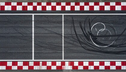 Overhead view of two adjacent lanes with solid and dashed white lines, bordered by red-white striped barriers and tire marks.