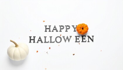 “HAPPY HALLOWEEN” in bold serif font with pumpkin, autumn leaves, and clean white background.