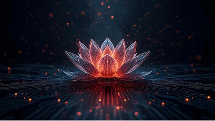 Glowing lotus flower illuminated with vibrant light and digital particles