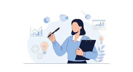 Businesswoman With Charts, Data Visualization, and New Business Ideas Illustration