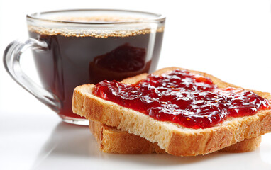 Light breakfast, black coffee and toast with raspberry jam.