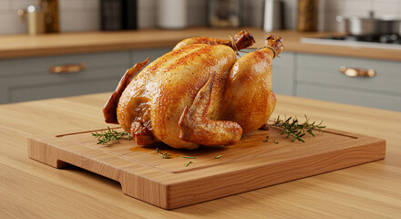 Roast chicken on a wooden board with seasonings.