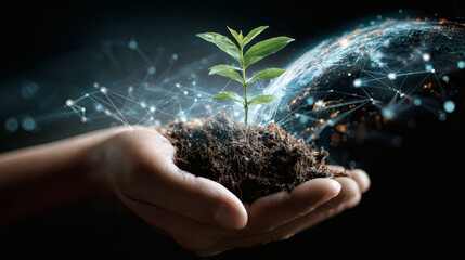 Hands holding a growing plant with digital network and planet earth.