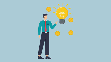 Businessman with a bright idea, standing next to a light bulb, symbolizing innovation and creativity