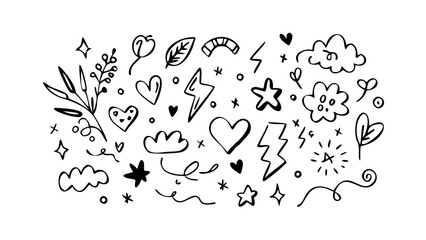 Doodle art vector design elements with hearts stars clouds lightning bolts leaves and floral accents drawing