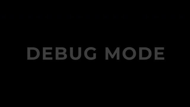 Text Animation with RGB Glitch Effect on RGB + Alpha, Debug Mode Text Displayed on Black Screen for Software Development and Testing.