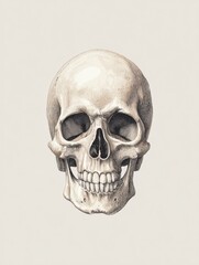 Fototapeta premium Anatomical drawing of a human skull displaying intricate details of its structure, making it suitable for educational use and study in anatomy.
