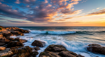 Obraz premium Vibrant Sunset Over Rocky Coast: Ocean Waves Crashing on Shore at Golden Hour | Breathtaking Seascape Nature Landscape