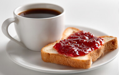 Light breakfast, black coffee and toast with raspberry jam.