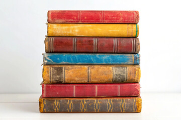Stack of antique leather bound books red blue yellow