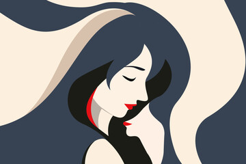 Abstract female portrait illustration with flowing hair and double face concept