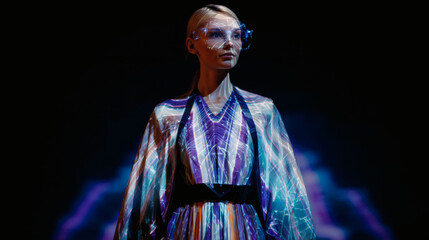 Futuristic fashion model with digital projections