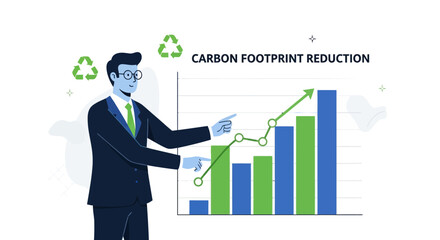 Carbon footprint reduction infographic of a businessman, graph and recycle symbols, vector illustration