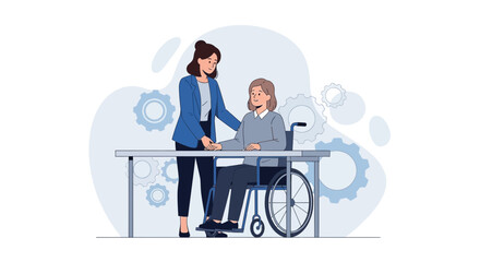Caring professional assisting person in wheelchair at a table in a workplace setting