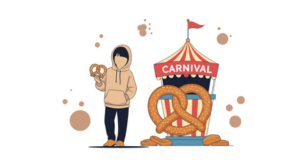 Carnival Scene With Person Holding Pretzel With A Food Stand Illustration