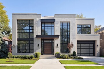 Modern residential building featuring large windows and a spacious front yard surrounded by greenery in a suburban neighborhood during daytime