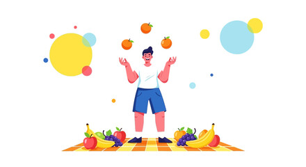Cartoon Character Juggling Oranges with Healthy Fruit Picnic Illustration in Vibrant Colors