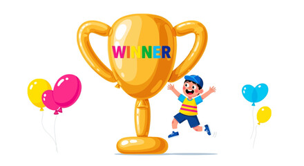 Cartoon illustration of a happy child winning a prize with balloons and trophy