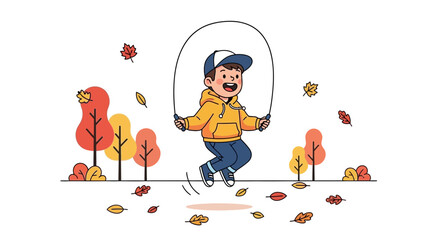 Cartoon illustration of a happy child jumping rope in a colourful autumn scene