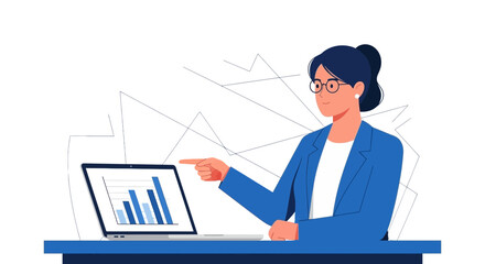 Businesswoman presenting a graph on a laptop highlighting financial performance analysis