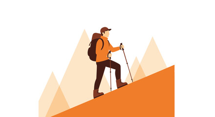 Cartoon illustration of a hiker with a backpack climbing up a mountain top