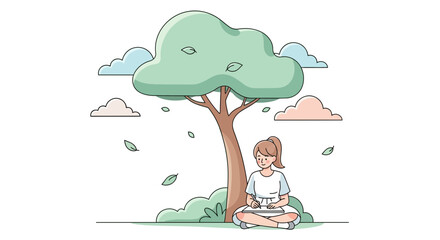 Cartoon illustration of a woman drawing under a tree with clouds and leaves