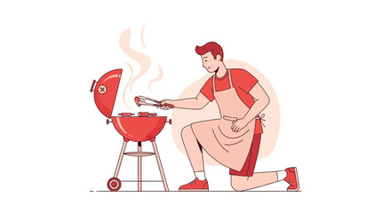 Cartoon illustration of a man grilling food on a barbecue grill in the backyard